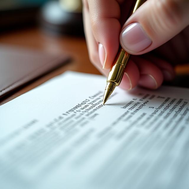 A legal professional reviewing complex documentation on a mahogany desk